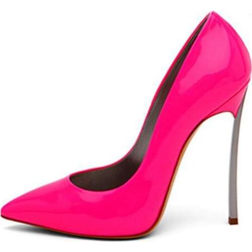 Women Sexy Brand Fuchsia Patent Leather Dress Pumps Metal Thin High Heel Pointed Toe Slip-on Shiny Stiletto Heels Gladiator Shoe