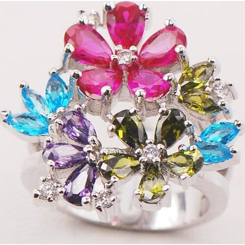 Garnet Blue Crystal Zircon Peridot Women 925 Sterling Silver Ring F711 Size 6 7 8 9 10