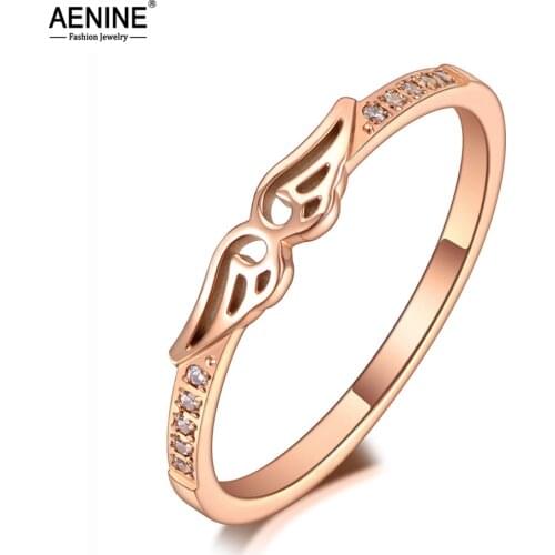 AENINE Elegant Titanium Stainless Steel Double Angel Wings Rings Luxury Rose Gold CZ Crystal Party Ring For Women Girl AR20033
