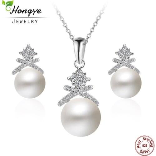 Hongye Hot Selling 925 Sterling Silver White Natural Freshwater Pearls Pendant Necklace & Earrings Cheap Jewelry for Women Gifts