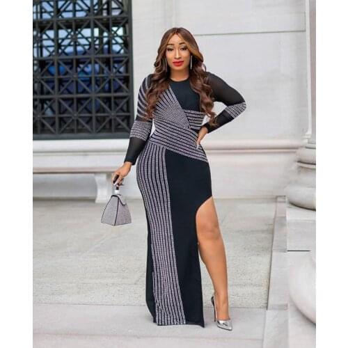 Sparking Women Graceful O-Neck Rhinestone Gown Dresses Plus Size O-Neck Full Sleeve High Waist Bodycon Slit Floor-length Dress