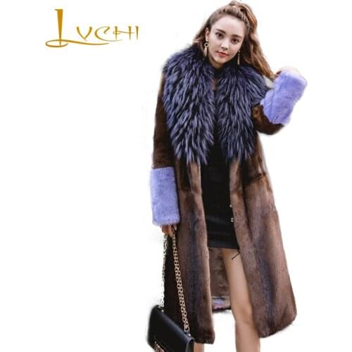 LVCHI Winter 2019 Import Crown Velvet Real Mink Coats Womens Natural Fur Coat With Fox Fur Collar Long Sleeve Long Mink Coats