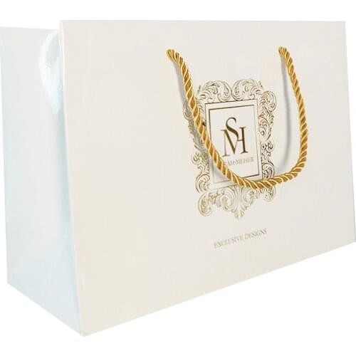 500Pcs/Lot High Level Custom White Paper Bag With Gold Foil Logo Gifts Jewelry Box Packaging for Wedding Party Favors Shopping