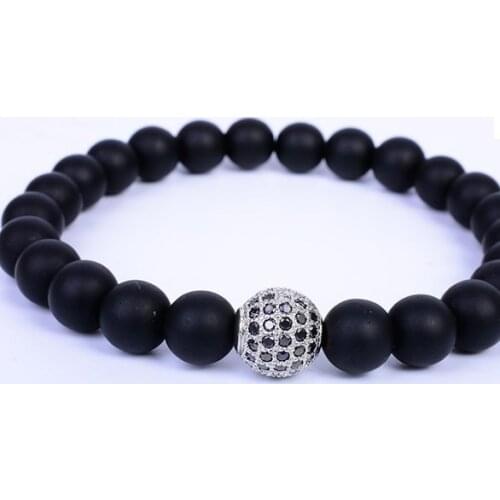 8mm rb434 gold silver ball Frosted agate Onyx nature black stone a micro pave cz zircon cubic zirconia Bracelet Reiki Chakra