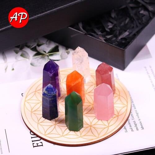 8 Pcs/Set Natural Colored Gemstone Quartz point Chakras Crystal Wand Wood Board Base Gift Box Divination Star Array Decoration