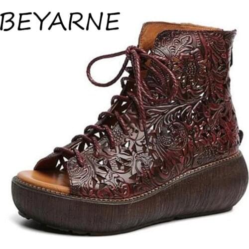 BEYARNEWomen Origional Vintage Embossed Genuine Leather Roman Womens Sandal Boots Fish Mouth Platform National Sandals Women