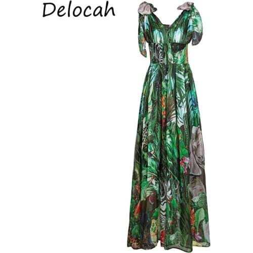 Delocah Summer Women Fashion Designer Beach Holiday Long Dress Sexy V-Neck Floral Printed High Waist Ladies Chiffon Maxi Dresses