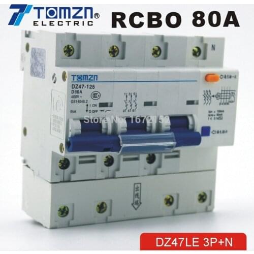 DZ47LE 3P+N 80A D type 400V~ 50HZ/60HZ Residual current Circuit breaker with over current and Leakage protection RCBO