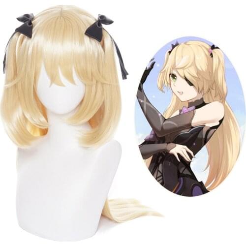 Fischl Wig With Bowknot Headwear Cosplay Costume Heat Resistant Synthetic Hair Genshin Impact Women Party Role Play Wigs