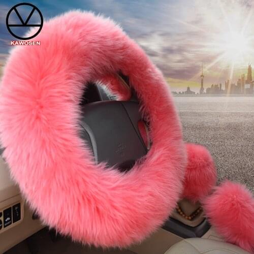 KAWOSEN 100% Sheepskin Winter Warm Wool Handbrake Cover Gear Shift Cover Steering Wheel Cover 38cm diameter 1 Set 3 Pcs WSWS01