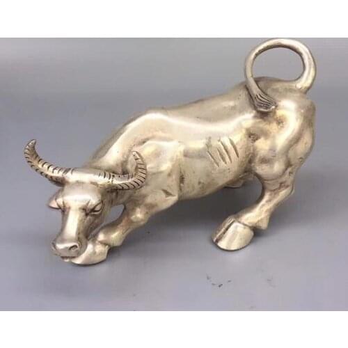 Collection Chinese Handmade Tibet Silver Carved Zodiac Animal Statue Cattle Ox Copper Bull Sculpture Home Furnishing