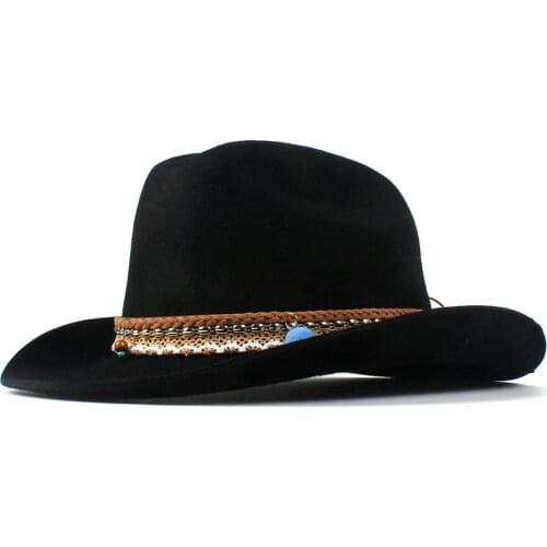 Fashion Women Men Wool Tassel Western Cowboy Hat Lady Black Fedora Outback Sombrero Hombre Montana Hat 57-59CM Fashion Belt