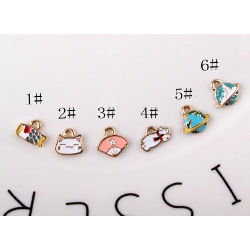 10pcs Fashion diy enamel Japan fan cat satellite charms for bracelet, handmade metal alloy enamel pendants dangle jewelry making