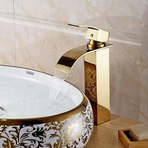 Fashion high quality total brass gold finished bathroom sink high waterfall faucet basin faucet