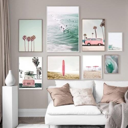 Pink Van Beach Sea Surfboard Landscape Wall Art Canvas Painting Nordic Posters And Prints Wall Pictures For Living Room Decor