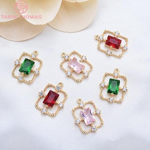 4PCS 17x13MM 24K Gold Color Plated Brass with Colorful Zircon rectangle Charms Pendants High Quality Diy Jewelry Accessories