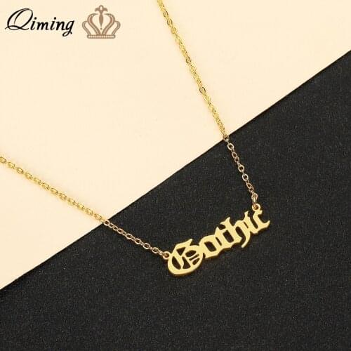 QIMING Vintage Punk Gothic Necklace Women Men Old English Letter Retro Unisex Stainless Steel Jewelry Gold Necklace Collier