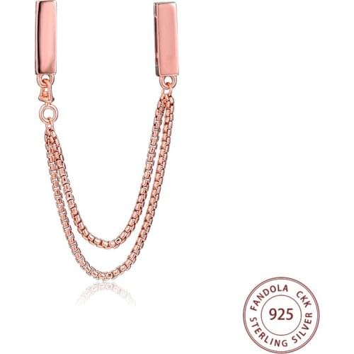 Rose Gold Floating Chains Safety Chain Clip Charms 925 Sterling Silver Beads Jewelry Making Fits Original Reflexions Bracelet
