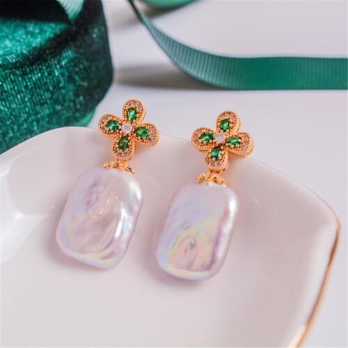 Irregular Pearl Clover Drop-Earrings Baroque Zircon for Women and Girls 14K Gold Filled