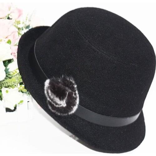 Rabbit Felt Wide Brim Fedora Hat Ladies Bucket Cap for Women Spring and Winter Warm Cap