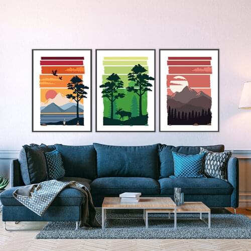 Nordic Sunrise Landscape Canvas Painting Geometric Mountain Posters and Prints Mid-Century Wall Art Pictures for Home Decor