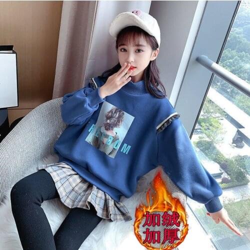 Girls' Hoodies Sweatshirts Kids Underwear 2021 Splicing Velvet Thicken Warm Winter Autumn Cotton Tops Fleece Childrens Clothing