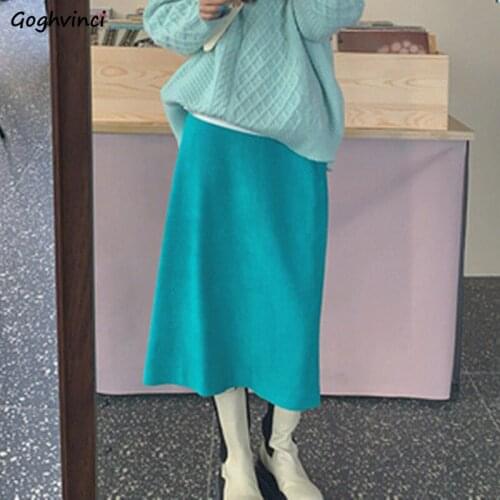 Skirts Women Mid-calf High Waist Solid Blue Side-split Simple Basic Cute Sweet Ladies Streetwear Students Visual Kei Clothing