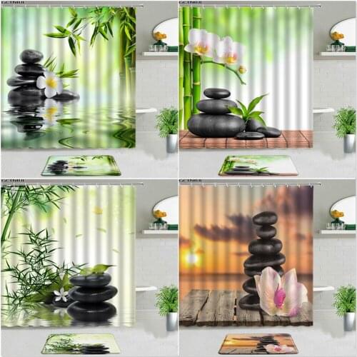 Spa Zen Shower Curtains With Bath Mat Set Non-slip Rug Bamboo Orchid Stone For Bathroom Decor Polyester Fabric Bathtub Screens