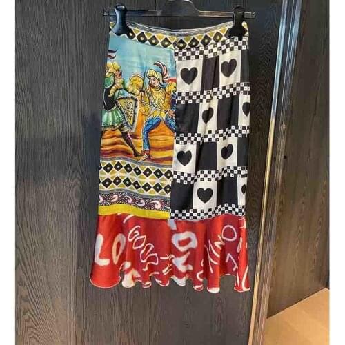 Cosmicchic Women Skirt 2021 New Printed Mermaid Skirt High Waist Wrap Up Elastic Silk Elegant Skirt Spade Hearts Dot Patchwork