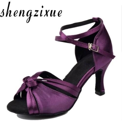 Shengzixue Purple green Ribbon Knot Women Satin Latin Salsa Dancing Shoes Soft Bottom Ballroom Dance Shoes