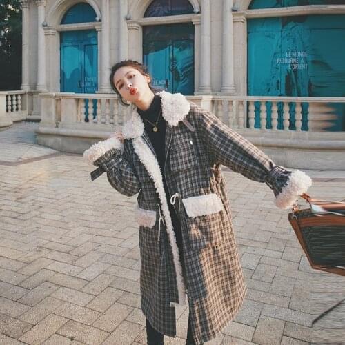 Parkas Women Thick Fleece Splice Lambswool Fur Coat Female Korean Loose Long Plaid Woolen Jacket Elegant Warm Outwears