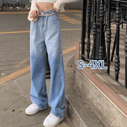 S-4XL Jeans Women Gradient Boyfriend Pockets High Waist Straight Fashion Cool Girls Streetwear All-match Students Denim Trouser