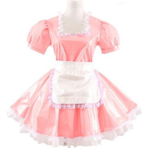 Women Adults Sissy Cosplay Costume Square Neck Lace Dress with Apron Lolita PVC Short Sleeve A-line Mini Maid Pleated Dress 7XL