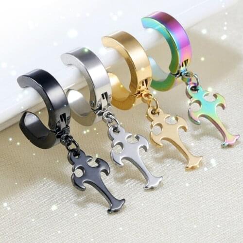 1Pcs Fashion Titanium Steel Ear Clip South Korea No Ear Hole Single Male Ear Clip Earrings with Creative Personality Cross