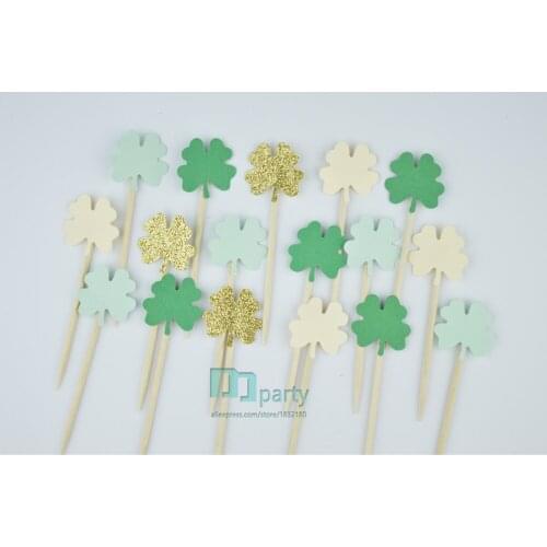 40pcs Lucky Green Clover St. Patricks Day, Four Leaf Clover, School Party, 4-H Meetings, Food Picks,Cupcake Toppers