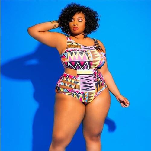 One Piece Swimming Suit Plus Size African Women Swimwear Cut Out High Waist Monokini Bodysuit Geometric Print Swimsuit Female