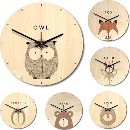 12" Cartoon Owl Fox Deer Bear Wood Wall Clock Home Room Decor Creative Clock Child Girls Gift