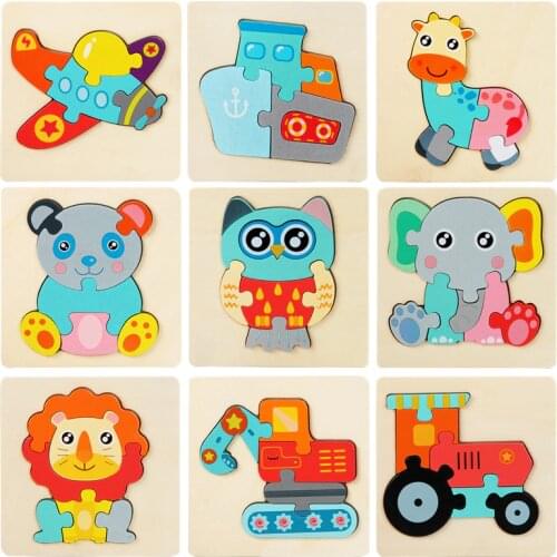 3D Wooden Puzzle Cartoon Animals Kids Cognitive Jigsaw Puzzle Early Learning Educational Baby Puzzle Toys for Children
