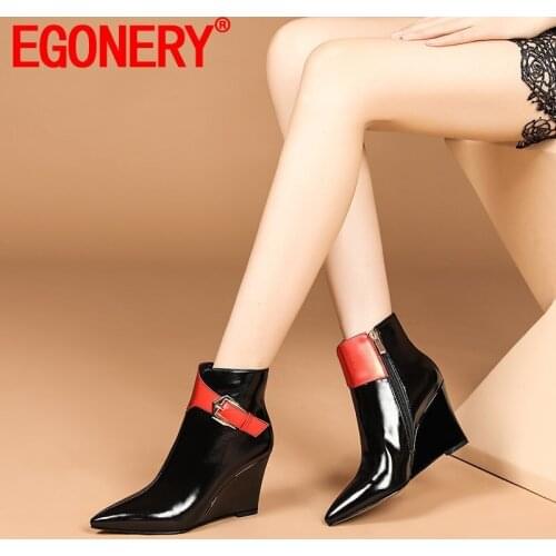 EGONERY Drop Shipping Ankle Boots Winter Style Women Shoes Pointed Toe Patent Genuine Leather High Heel Wedges Fashion Booties