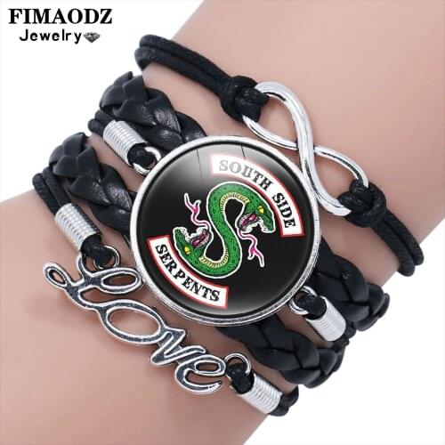 FIMAODZ TV Riverdale Leather Bracelet South Side Serpents Glass Dome Button Handmade Wristband Bracelets Fans Jewelry