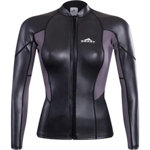 Sbart Womens 2mm Neoprene Wetsuit Top Cool Black Long Sleeve Diving Suit Shirt Front Zipper Ladies Scuba Surf Wet Suits Top