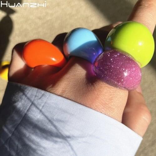 HUANZHI 2021 New Summer Colorful Geometric Oval Transparent Resin Acrylic Square Rings for Women Girls Party Jewelry