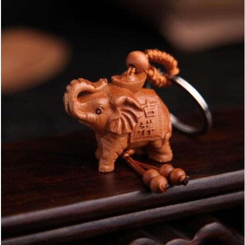 Chinese Peach Wood Carved Safe And Good Luck Word Animal Elephant Exquisite Car Key Chain Pendant