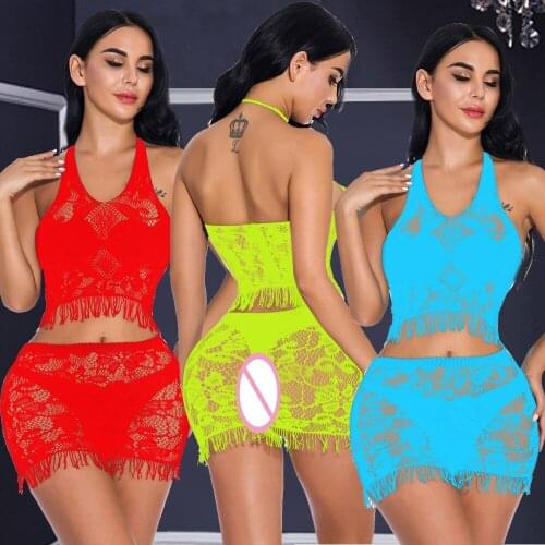 Plunge V Neck Halter Backless Tassels Crop Top Bra + Babydoll Bodycon Mini Belly Dance Dress Cotillon Intimates Sleepwear