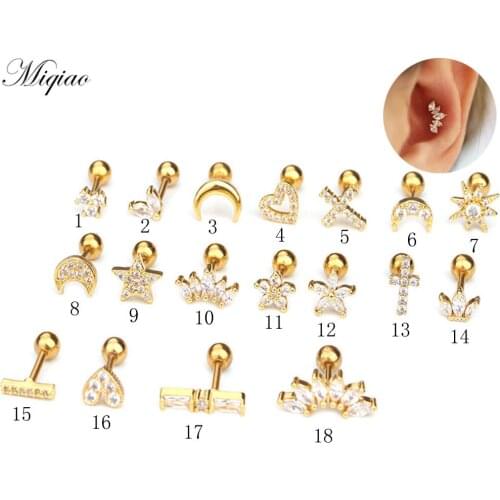 Miqiao 2pcs Explosive Sweet Stainless Steel Moon Heart-shaped Cross Earrings Exquisite Body Piercing Jewelry