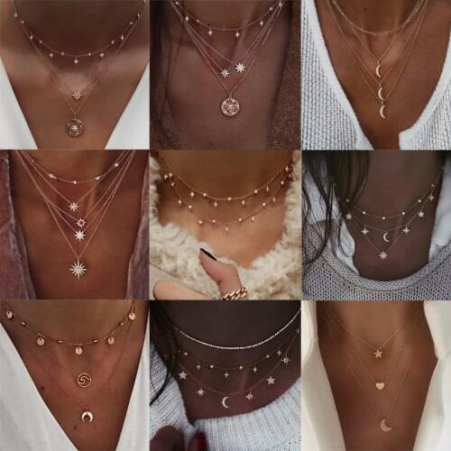 FNIO Boho Multi-layer Crystal Pendant Necklace Women Gold Necklace Vintage Multi-element Choker Necklace Fashion Jewelry Gift