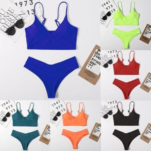 New Sexy Vest Type Two Piece Swimsuit Candy Color Spaghetti Thong Bikinis Women Swimwear Push Up Bikini Set Padded Bathing Suits