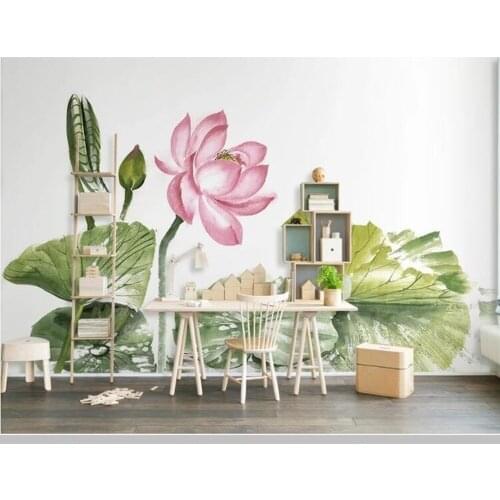 Papel de parede watercolor romantic pink lotus simple green wallpaper,living room tv wall bedroom wall papers home decor mural