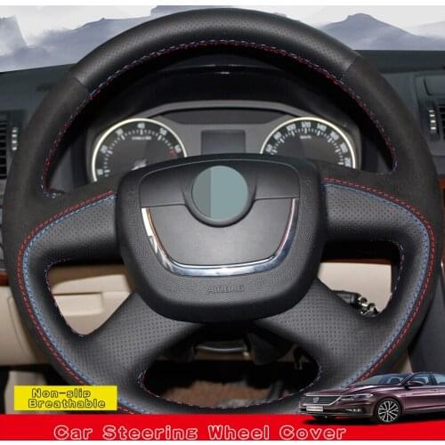 DIY Hand-stitched Black Genuine Leather Car Steering Wheel Cover For Skoda Octavia Superb 2012 Fabia Skoda Octavia a5 2012