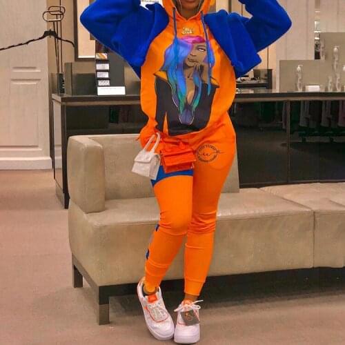 Casual Fashion Print Two Piece Top Pants Set Women Clothing Hoodie Outfits -PT